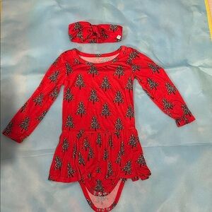 Red Long Sleeve Baby Dress with Tree Print & Headband - Christmas Edition